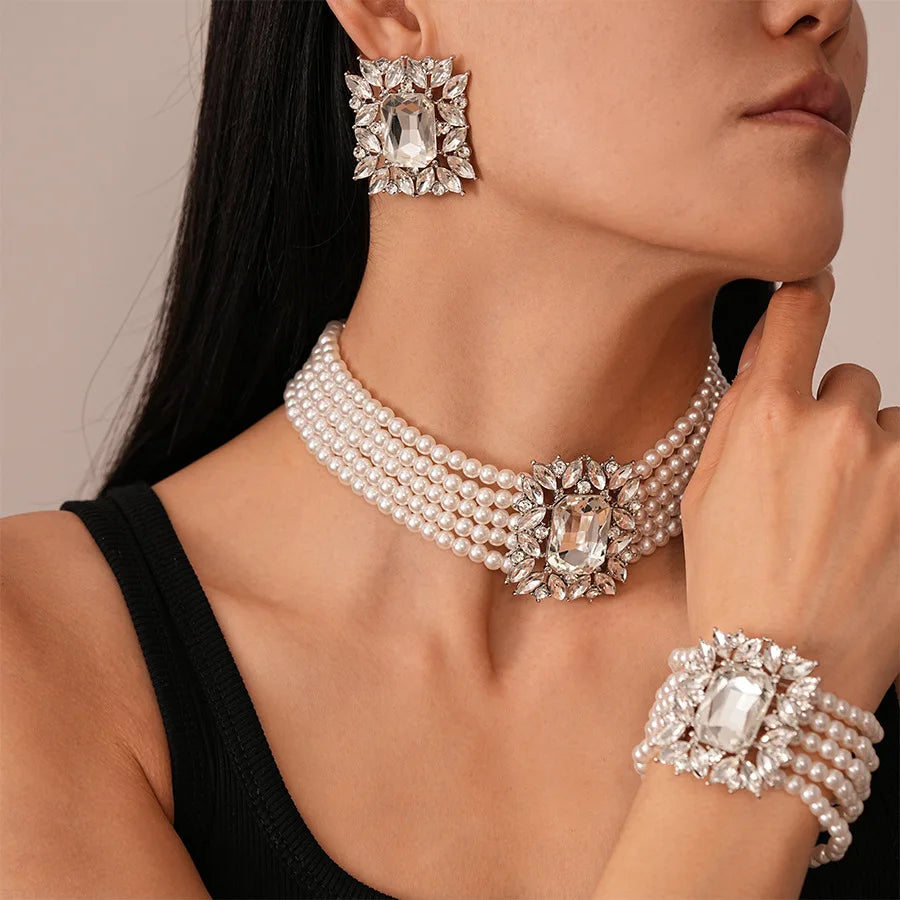 Elegant Costume Jewelry Set Wedding Large Crystal Earrings Multi Strand Bracelet and Imitation Pearl Choker Necklace for Women