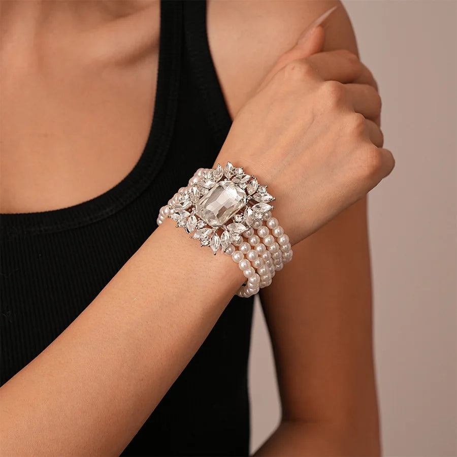 Elegant Costume Jewelry Set Wedding Large Crystal Earrings Multi Strand Bracelet and Imitation Pearl Choker Necklace for Women